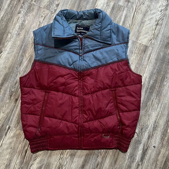 Vintage 80s JCPenney Active Sportswear Puffer Vest Burgundy Gray Korea L - Picture 1 of 5